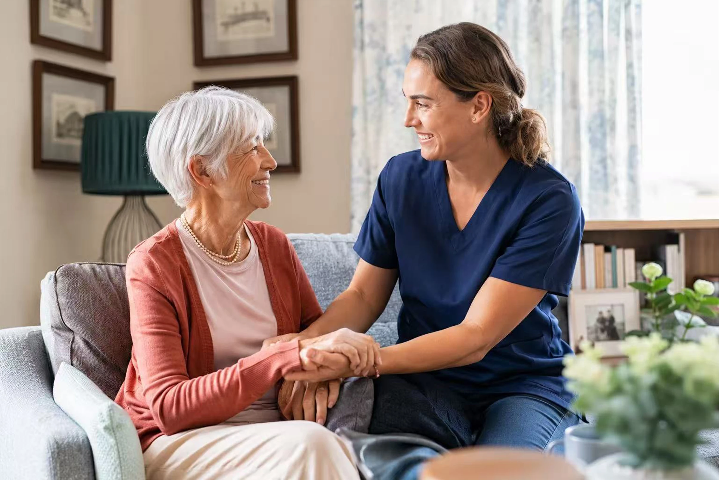 Nurse and elderly client shaking hands